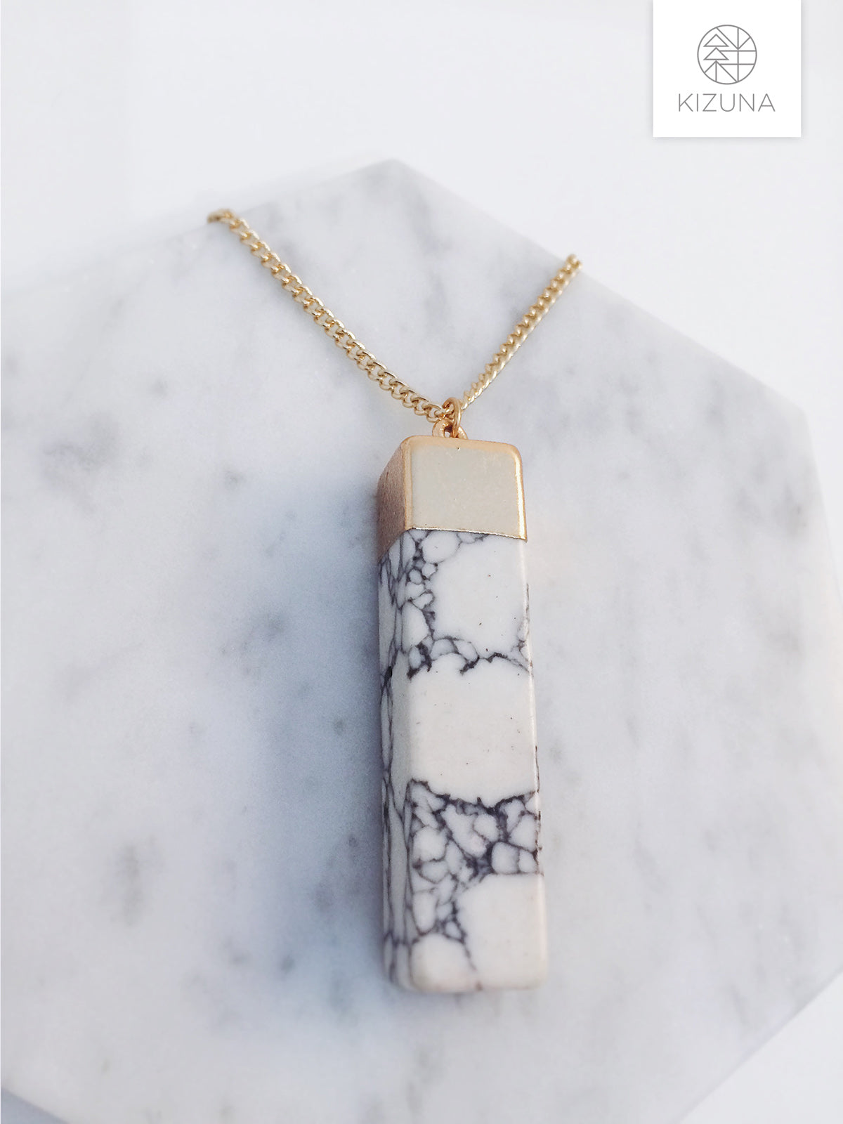 White Howlite Marble Long Necklace (Rectangle)