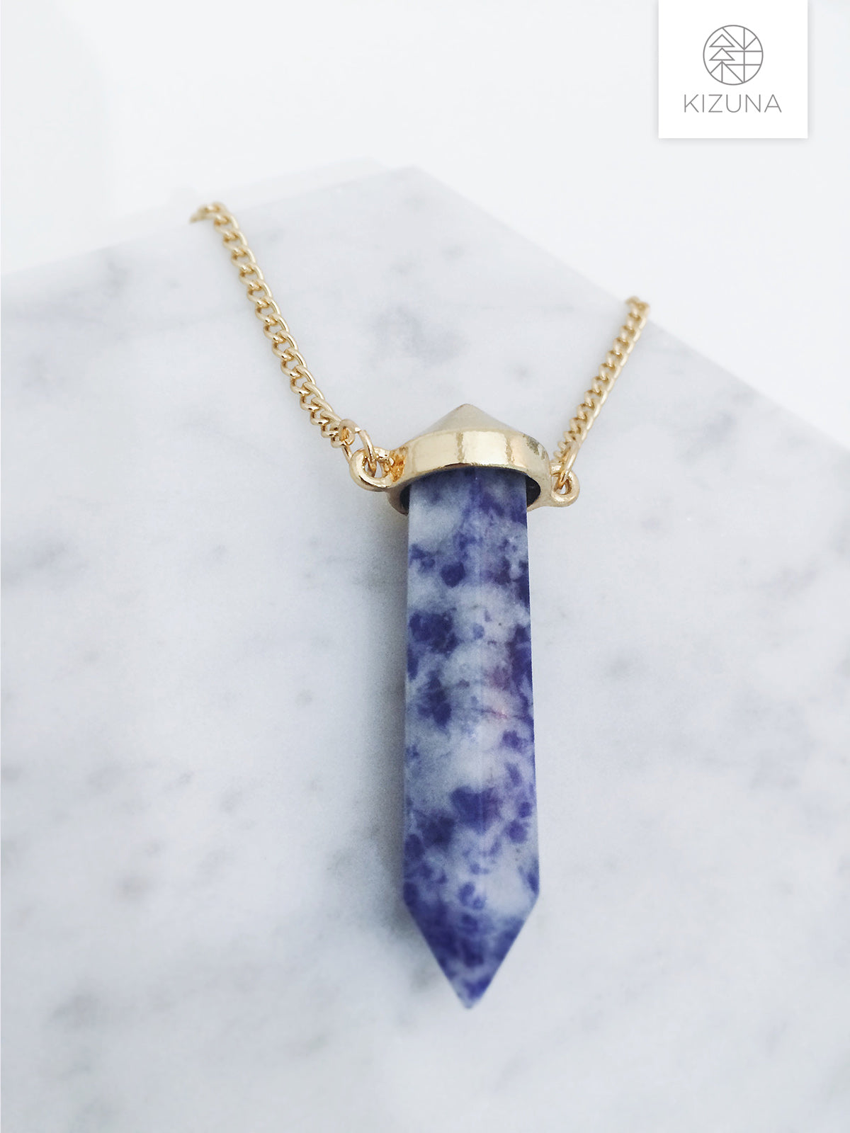 Blue Marble Stone Long Necklace (Bullet Bar)