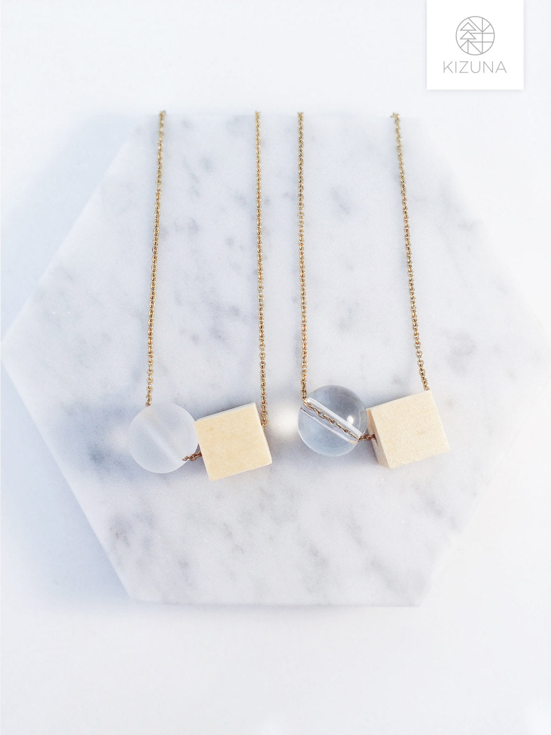 Minimalist Trendy Necklace- Wooden Cube & Globe