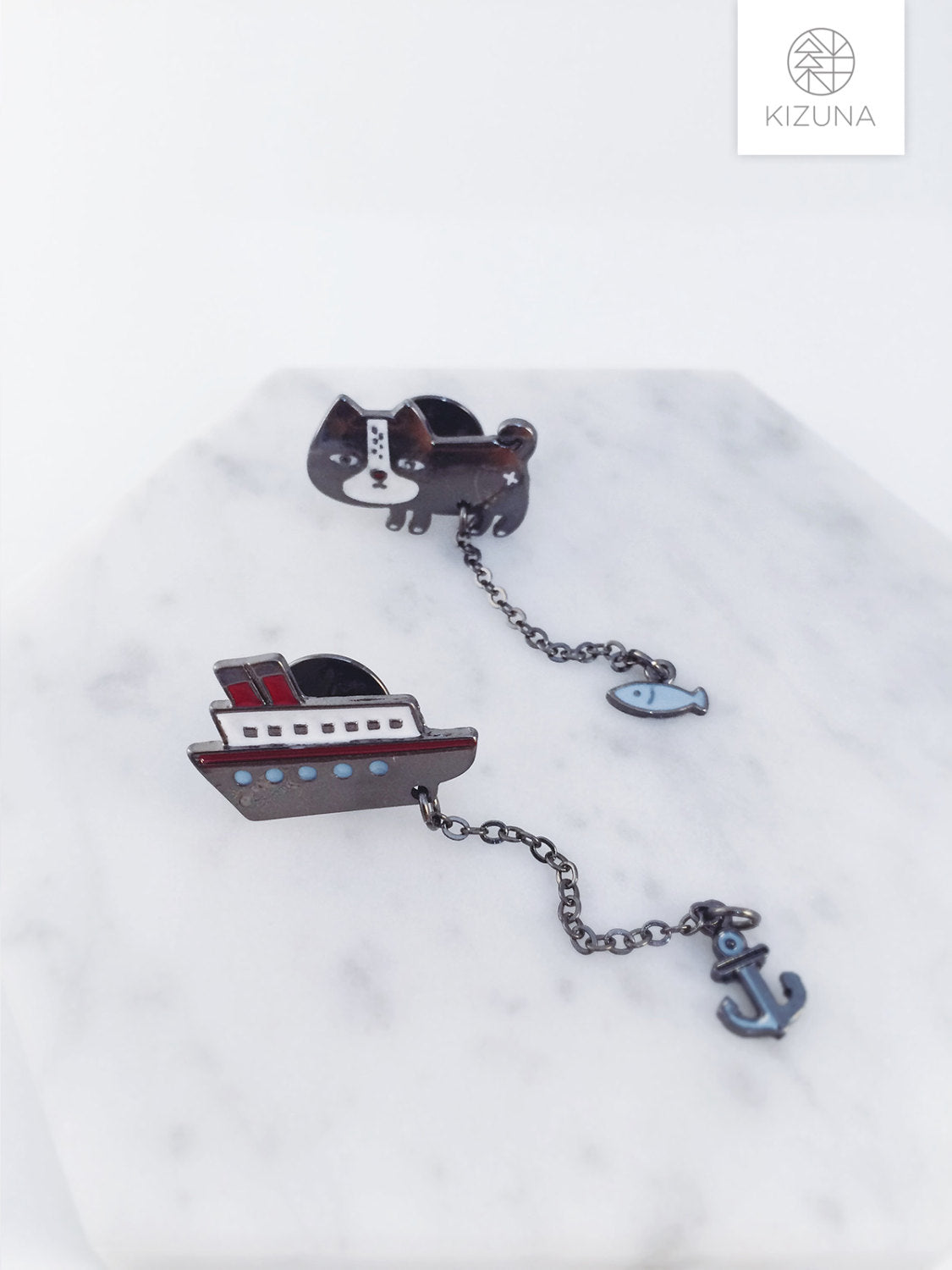 Dangling Sailor Boat & Cat Pin