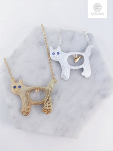 Hungry Cat Necklace w Fish (2 Colors)