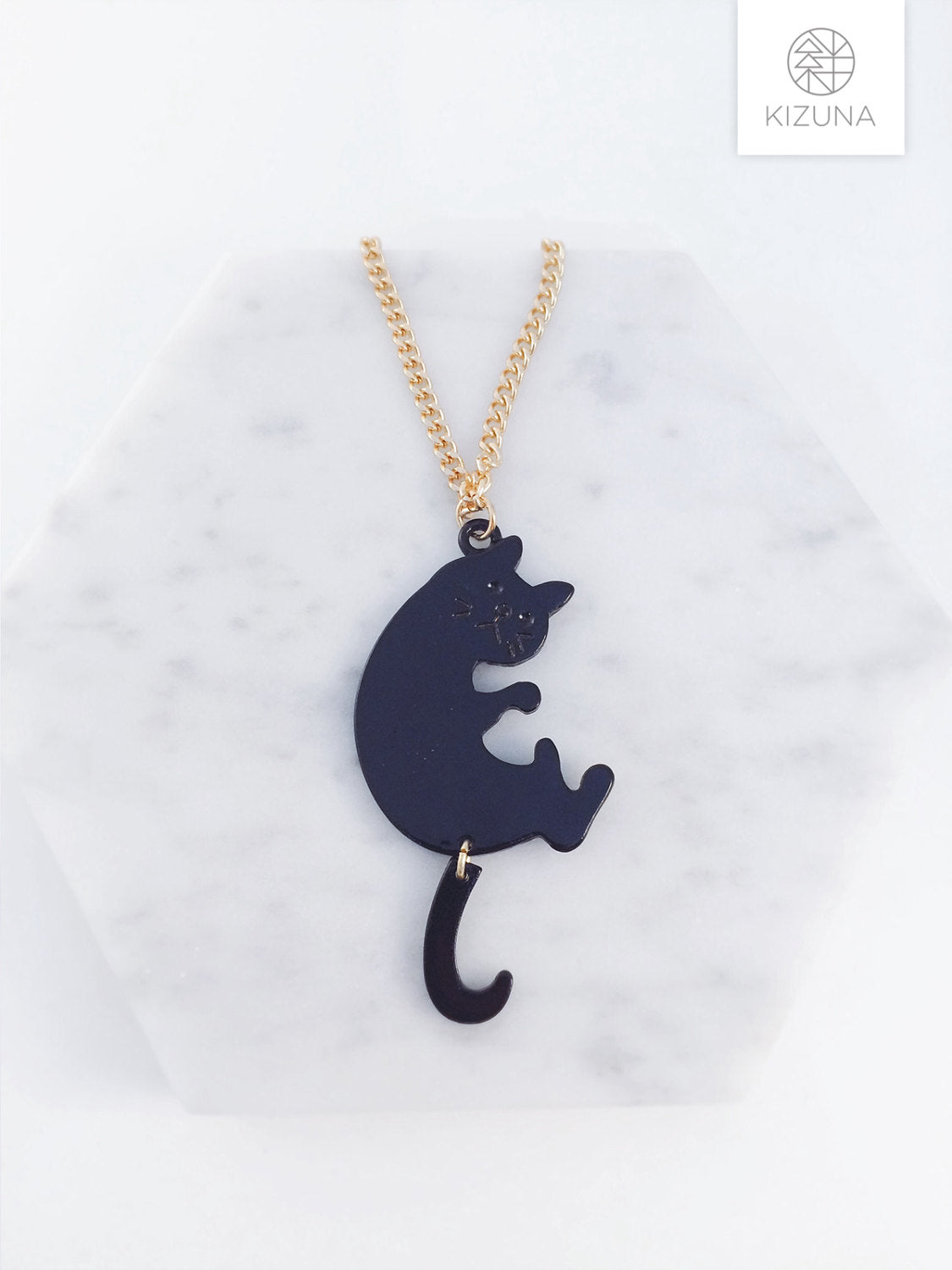 Black & White Cat Long Necklace w Dangling Tail