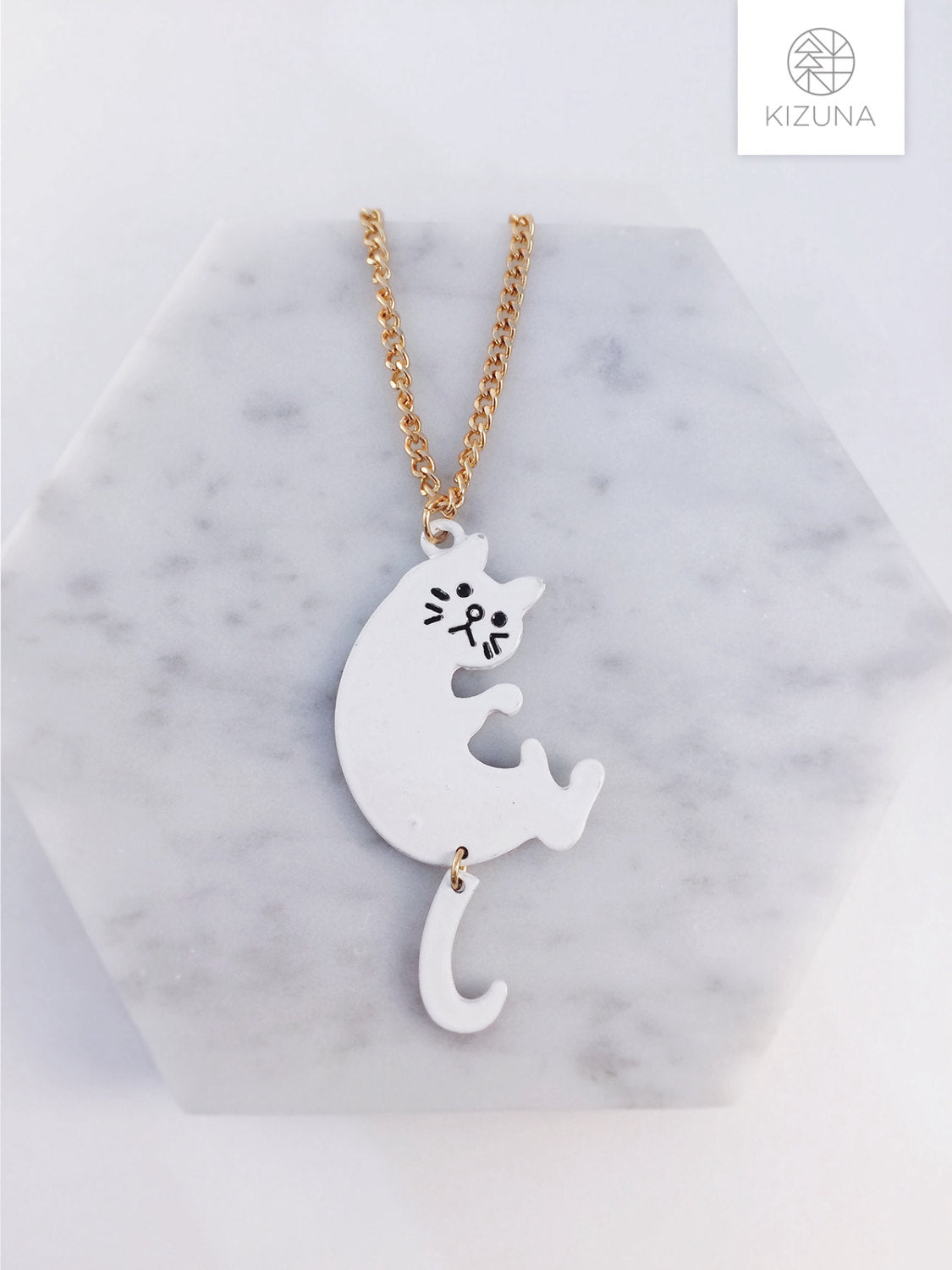 Black & White Cat Long Necklace w Dangling Tail