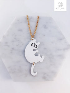 Black & White Cat Long Necklace w Dangling Tail